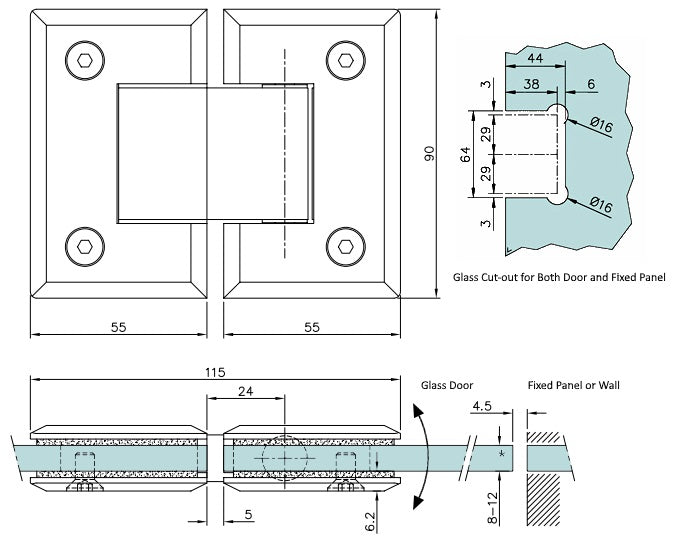 Adjustable Glass to Glass Hinge (Single)